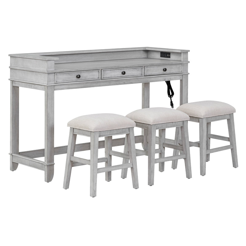 4-piece Dining Bar Table Set with 3 Upholstered Stools, Multifunctional Dining Table with 3 Drawers (Gray)