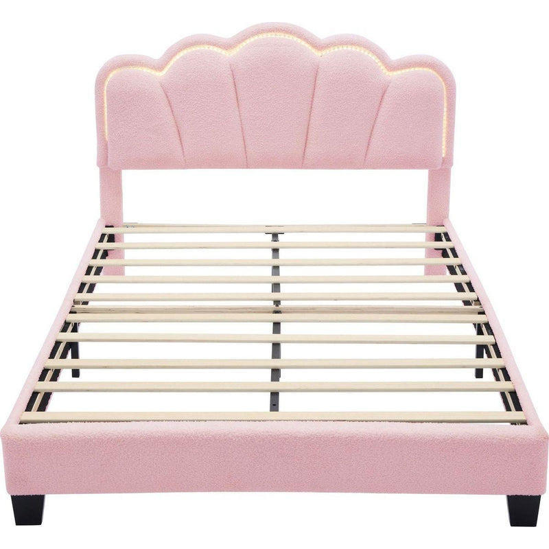 2-Pieces Bedroom Sets Full Size Flower-Shaped Upholstered LED Platform Bed with Storage Ottoman-Sherpa Fabric, Pink