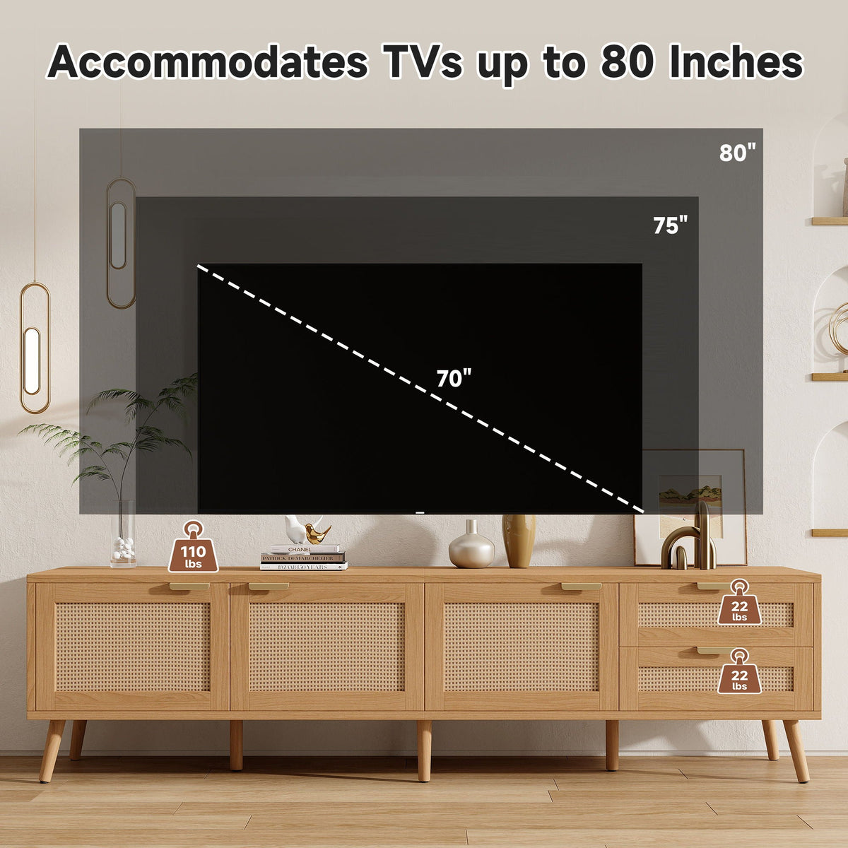 TV Stand, Media Console, 2 Drawers & Cable Management - Natural Wood, photo 8 of 16