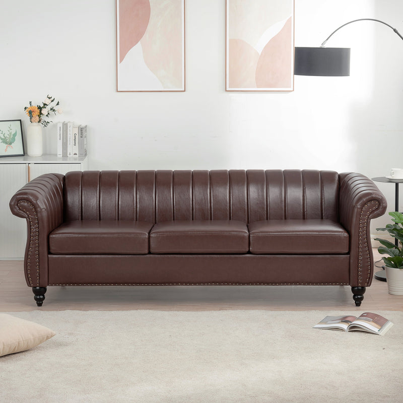 83.46" Brown PU Rolled Arm Chesterfield Three Seater Sofa.