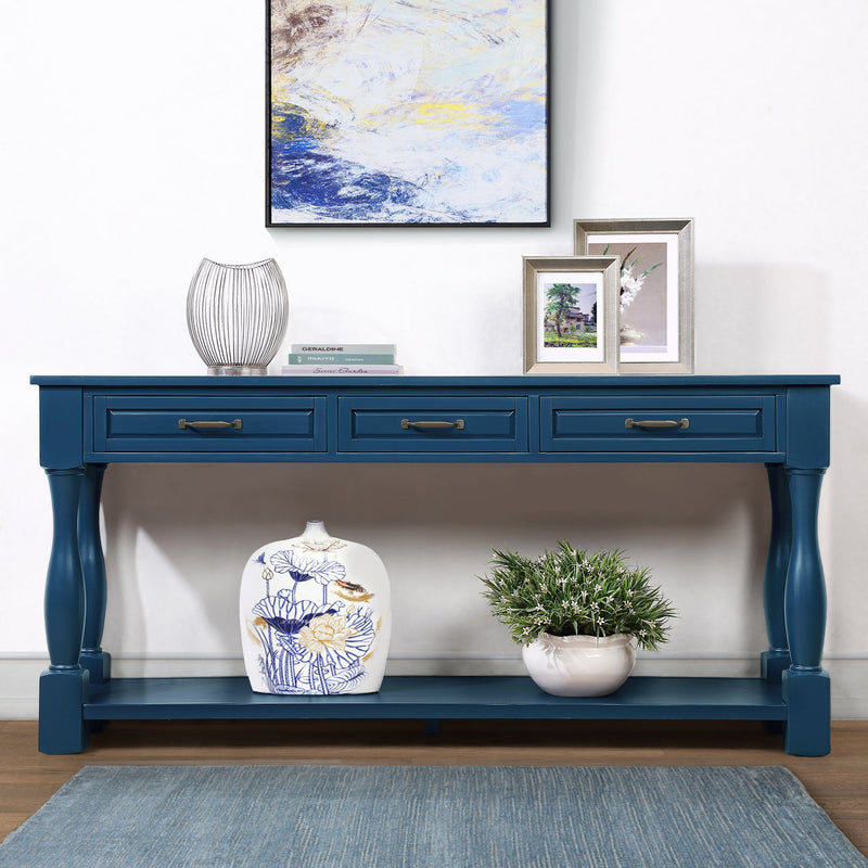 63inch Long Wood Console Table with 3 Drawers and 1 Bottom Shelf for Entryway Hallway Easy Assembly Extra-thick Sofa Table(Navy Blue)