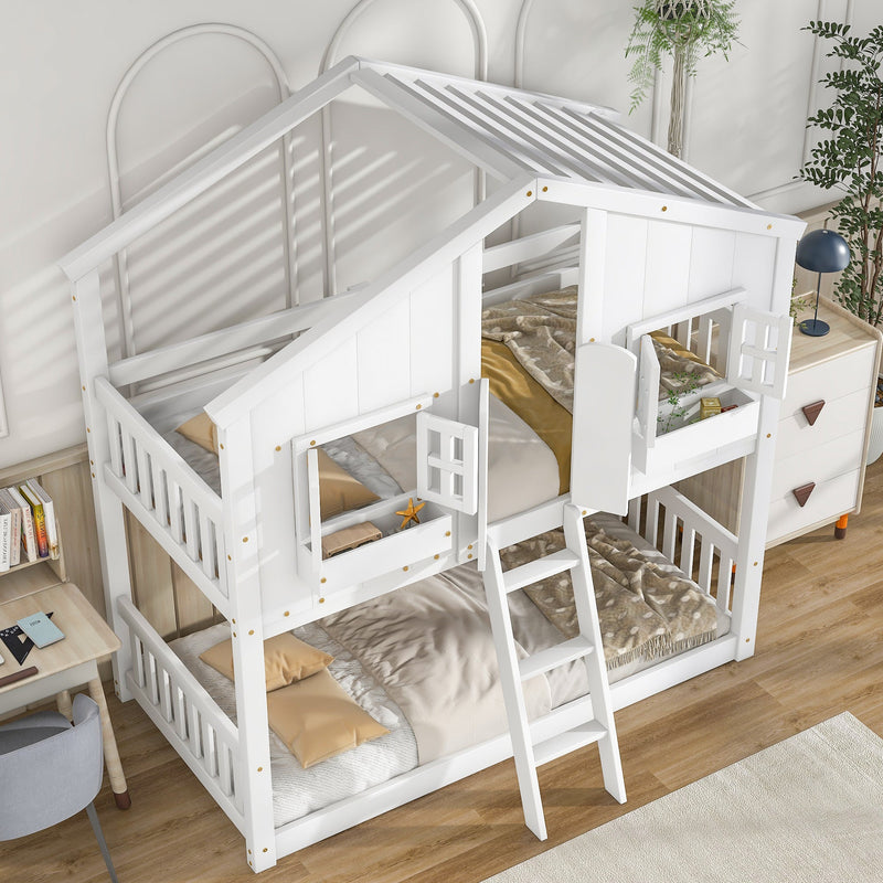Twin over Twin House Bunk Bed with Roof, Window, Window Box, Door, with Safety Guardrails and Ladder, White