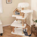 60 Inch Tall Solid Wood Cat Tree Modern Wooden Cat Tower with 2 Perches-White