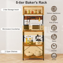 60 Inch Tall Microwave Stand with Open Shelves and 10 Hanging Hooks-Rustic Brown