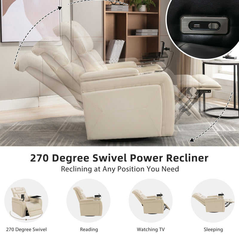 270 Degree Swivel PU Leather Power Recliner Individual Seat Home Theater Recliner with Comforable Backrest, Tray Table, Phone Holder, Cup Holder, USB Port, Hidden Arm Storage for Living Room, White