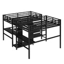 Twin Over Twin Metal Loft Bed with Double Desk and Wardrobe and Shelves with Electrical Outlet for Space Saving and Noise Reduction,Black