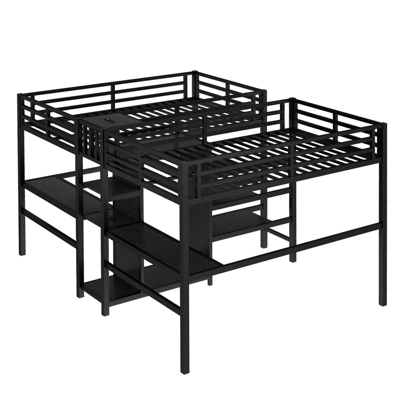 Twin Over Twin Metal Loft Bed with Double Desk and Wardrobe and Shelves with Electrical Outlet for Space Saving and Noise Reduction,Black