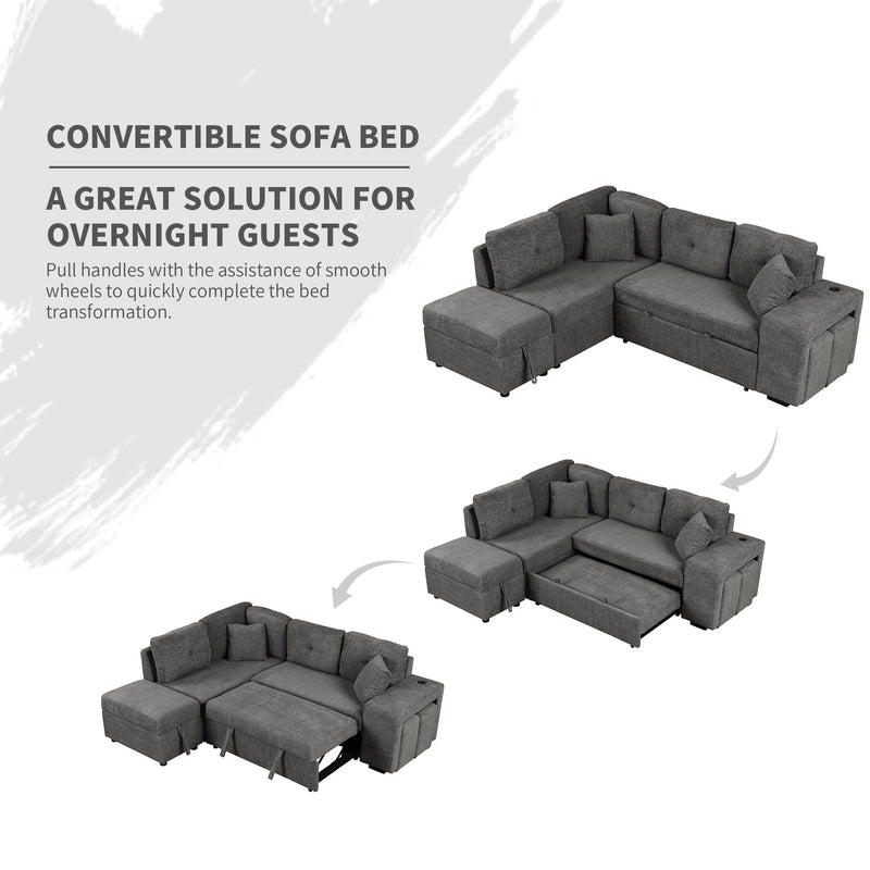 87.7" Convertible Sleeper, Sectional Pull Out Sofa Bed with Storage Ottoman, 2 Throw Pillows, 2 Stools, Wireless Charger and Two Hidden USB Ports for Living Room, Dark Gray