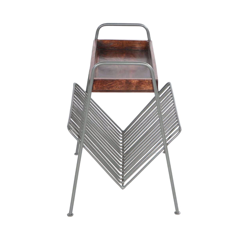 25 Inch Rectangular Metal Frame Side Table, Magazine Rack, Mango Wood Tray Top, Brown, Pewter Gray