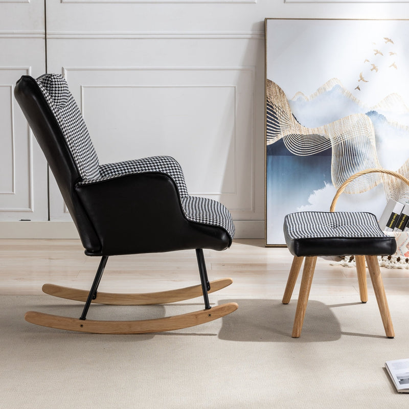 35.5 inch Rocking Chair with Footrest, Soft Houndstooth Fabric Leather Fabric Rocking Chair for Nursery, Comfy Wingback Glider Rocker with Safe Solid Wood Base for Living Room Bedroom Balcony (black)