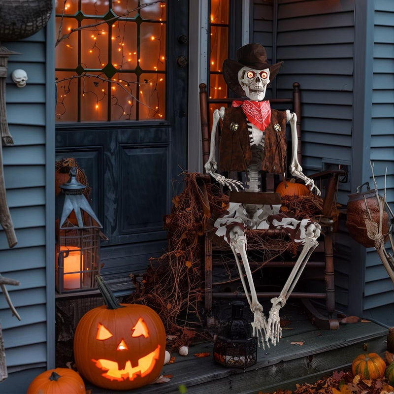 Yescom 5.4ft Skeleton Posable Halloween Decoration with Pirate, Cowboy Costume