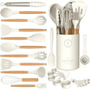 Silicone Cooking Utensils Set - Silicone Kitchen Utensils for Cooking Wooden Handles, 446°F Heat Resistant Kitchen Utensil Spatula Sets w Holder, Gadgets for Non-Stick Cookware BPA FREE (Cream White) by CozyNest Decor