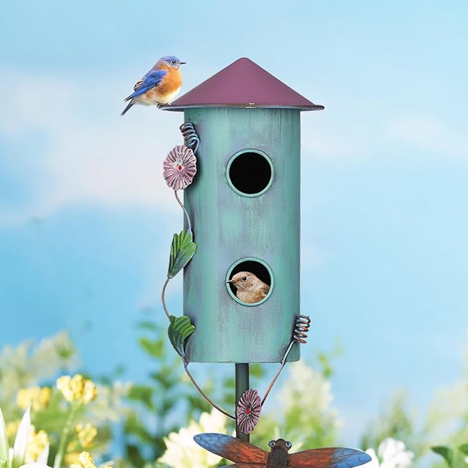 BAYN 57” Bird Houses Stake for Outside, Metal Wild Bird Feeder Double-Hole Birdhouse Stake with Cylinders Design Outdoor Decorations for Patio, Backyard, Garden, photo 2 of 7