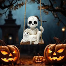 Halloween Resin Skeleton Swing Ornament - Animated Skeleton with Black Cat Figure, Hanging Decor for Tree Wall Garden - Spooky Fun Festival Decor Prop by CozyNest Decor