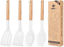 Pack of 4 Silicone Cooking Utensils Set, Non Stick Solid Spatulas and Heat Resistant Slotted Spoons with Wooden Handle, Ideal Wood Kitchen Utensils Set for Frying,Serving,Turning,Stirring (WHITE) by CozyNest Decor