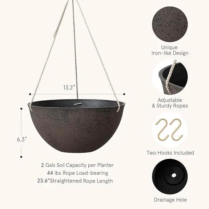 LA JOLIE MUSE Large Hanging Planters - 13 Inch Flower Pots Outdoor Indoor, Hanging Garden Planters Set of 2, New Iron Color, photo 2 of 8
