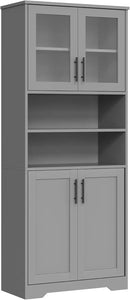 GarveeHome 67" Tall Storage Cabinet, Tall Bathroom Cabinet with Glass Doors and Adjustable Shelves, Freestanding Kitchen Pantry Cabinets, Cupboard for Living Room, Dining Room, Gray by CozyNest Decor