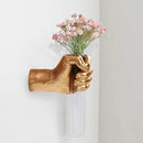 Gold Wall Sculptures, Hand Vases Home Decor, Wall Mount Art Sculpture, Unique Wall Art Statue, Funky Flower Vase Decorations, Modern Eclectic Hanging Decor,Glass Test Tube Vase by CozyNest Decor