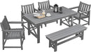 HDPE Outdoor Dining Set of 6, Patio Dining Table Set with 4 Chairs and 1 Bench, 6 Pieces HDPE Dining Set with Umbrella Hole, Outdoor Furniture Sets for Deck, Poolside, Garden, Smoke Gray by CozyNest Decor