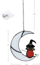 Witch On Moon Stained Glass Window Hanging Panel, Suncatcher for Windows, Witch Decor Riding Moon Face Sun Catcher Halloween Ornament. by GreenHaven Gardens