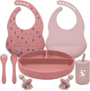 Silicone Baby Feeding Set, Baby Led Weaning Supplies, Baby Spoons Suction Divided Plate Bib Cup, First Stage Solid Food Eating Utensils - 6+ Months(Pink-Red) by TinyTreasures Baby Boutique