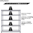 60"x18"x72" Black 5-Tier Premium Wire Shelving NSF 4000 LBS MAX Capacity Heavy Duty Steel Storage Rack for Warehouses, Garages, Hospitals, Commercial Spaces, & Schools w/Premium Wheels by CozyNest Decor