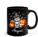 Personalized Name British Shorthair Coffee Mug Gift for Cat Lover, British Shorthair Wearing Witch Hat Black Cup, Custom Cat Pumpkins Halloween Ceramic Cup 11oz 15oz, Pet Owner Halloween Mug by TinyTreasures Baby Boutique