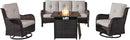 Outdoor Patio Furniture Set with 50000BTU Propane Fire Pit Table, 4 Pieces Wicker Patio Conversation Set with 2 Swivel Rocker Glider Chairs Rattan Sofa Beige Cushion Perfect for Gathering by GreenHaven Gardens