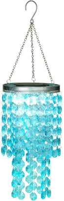 Hanging Solar Lantern Outdoor, 2 Tiers 21” Solar Blue Acrylic Beaded Chandelier with Cool White LED S Hooks for Garden Yard Patio Gazebo Outside Decor by CozyNest Decor