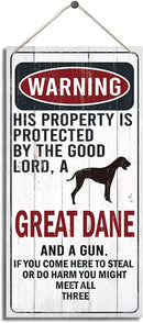 Warning Sign, This Property Is Protected By The Goodlord, A Great Dane And A Gun Warning Wood Plaque Sign, Funny Door Signs, Decorative Wood Hanging Suspension Plaque, Farmhouse Wooden Wall Decor by CozyNest Decor