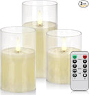 Flameless Flickering Remote Control Candle, Glass Pillar Candle,3 Pack (D:3"×H:4" 5" 6") LED 3D Flame Romantic Candle,Battery Operated Real Wax, Ideal for Wedding, Home Decor Holiday (Ivory) by GreenHaven Gardens