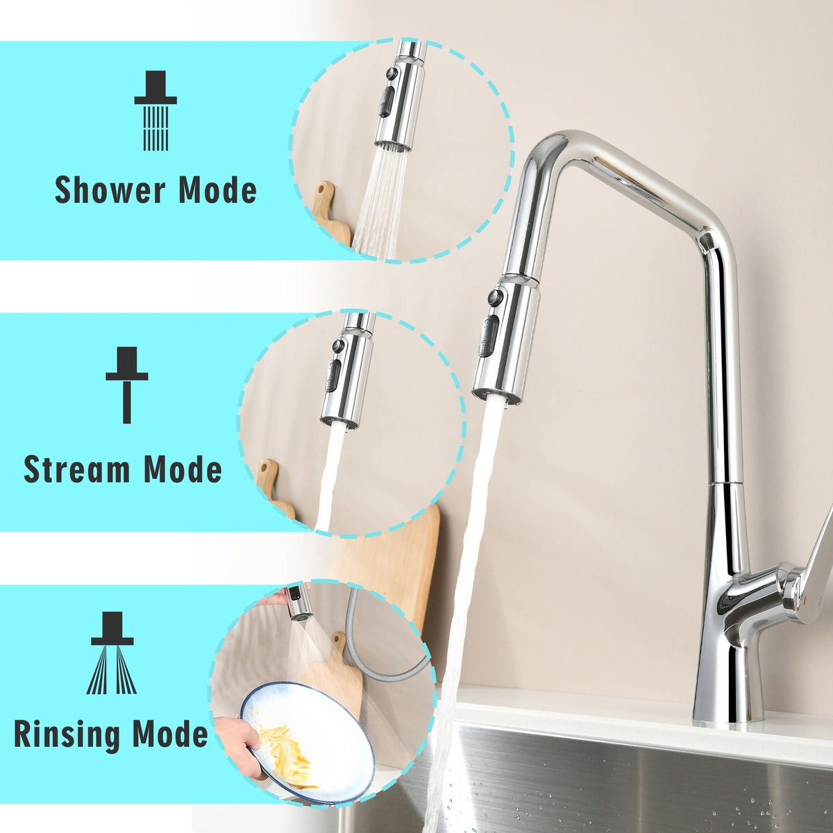 Professional Kitchen Faucet With 3 Function 360 Sprayer And 1 Touch Switching, photo 10 of 18