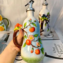 18 Oz Hand Painted Relief Ceramic Olive Oil Bottle Dispenser for Kitchen, Oil and Vinegar Bottle, Seasoning Bottle with Stainless Steel Nozzle, 540mL Oil Container with Handle for Cooking, Light Proof by CozyNest Decor