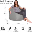 Posh Creations Bean Bag Chair for Kids, Teens, and Adults Includes Removable and Machine Washable Cover, Solid Gray, 48in - X-Large by TinyTreasures Baby Boutique