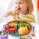 Ahimsa Stainless Steel Kids Dinnerware Set - 5 Piece Stainless Steel Toddler Plates and Bowls Set, Pediatrician Designed, Non Toxic Toddler Plate and Bowl, Kids Utensils and Cup (Rainbow) by TinyTreasures Baby Boutique