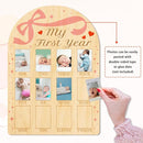 ORIGACH My First Year Baby Growth Photo Display Wood Board - 12 Months Newborn Milestones Photo Board - Neutral Baby Keepsake Frame 1st Birthday Party Nursery Decor New Mom Gift - Bow & Heart by TinyTreasures Baby Boutique
