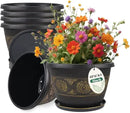 6 Pack 8 inch Plant Pots, Retro Pattern Planters with Drainage Holes and Saucer, Sturdy Plastic Garden Flower Pots for Indoor & Outdoor Plants by CozyNest Decor