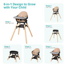 Baby High Chair, 6 in 1 Wooden Convertible High Chairs for Babies and Toddlers, Booster Seat with Double Tray & Reversible Footrest, 5-Point Harness Infants Feeding Seat, Black by TinyTreasures Baby Boutique