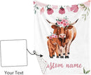 Custom Name Crib Bedding Set - Highland Cow Theme, Personalized Pink Flower Nursery Bedding 3-Piece Set– Soft Blanket, Fitted Sheet, Changing Pad Cover – for Newborns Girls Nursery Gifts by TinyTreasures Baby Boutique