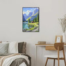 Landscape wall painting of mountain forest lakeside cabin under blue sky and white clouds natural oil painting poster suitable for living room bedroom office by CozyNest Decor