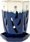 rePotme 4 x 6 inch Ceramic Orchid Pot (Sky Blue Over Cobalt) - Hexagon Orchid Pot with Holes by GreenHaven Gardens