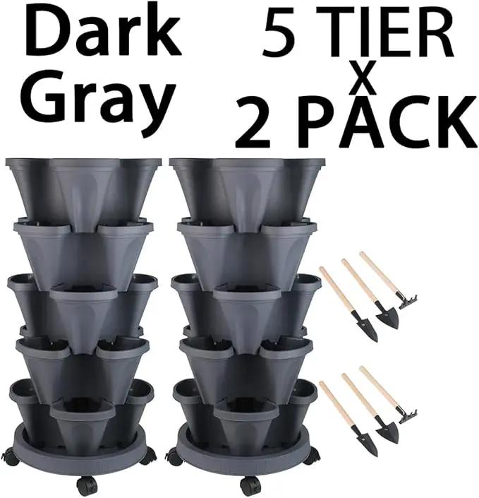 Vertical Planter 5 Tier Stackable Planters Garden Planters Strawberry Herb Flower and Vegetable Planter Indoor Outdoor Gardening Pots with Removable Wheels and Tools, photo 8 of 8