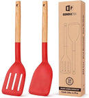 Pack of 2 Silicone Cooking Spatula, Heat Resistant Solid Turner, Non Stick Slotted Spatulas with Wooden Handle,Ideal Wood Kitchen Utensils Set for Frying, Baking, Flipping, Turning (RED)
