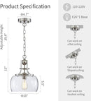 WUZUPS Chandelier Rustic Farmhouse Industrial Round Ceiling Pendant LED Light Fixture with Clear Glass Shades for Dining Room Kitchen Island Foyer Entryway, H 13" x W 10", E26 Base, Brushed Nickel by CozyNest Decor