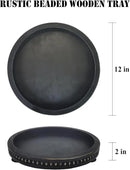 12 Inches Rustic Wooden Decorative Tray, Small Round Beaded Wood Tray for Kitchen Dinning Table Centerpiece Decor Entryway Living Room Home Decor, Black by CozyNest Decor