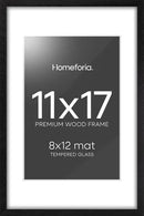 Homeforia 11x17 Picture Frame Black Wood, High End Oak 11x17 Poster Frames with Mat 8x12, 11 x 17 Wooden Frame Matted to 8 x 12 inch Photo, 17x11 Thin Hanging Frame, Tempered Glass, Wall Kit, Set of 1 by CozyNest Decor