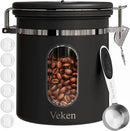 Veken Coffee Canister with Window, Airtight Stainless Steel Kitchen Food Storage Container with Lids, Date Tracker and Scoop for Grounds Coffee, Beans, Tea, Flour, Cereal, Sugar Jars, 16OZ, Black by CozyNest Decor