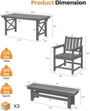 HDPE Outdoor Dining Set of 6, Patio Dining Table Set with 4 Chairs and 1 Bench, 6 Pieces HDPE Dining Set with Umbrella Hole, Outdoor Furniture Sets for Deck, Poolside, Garden, Smoke Gray by CozyNest Decor