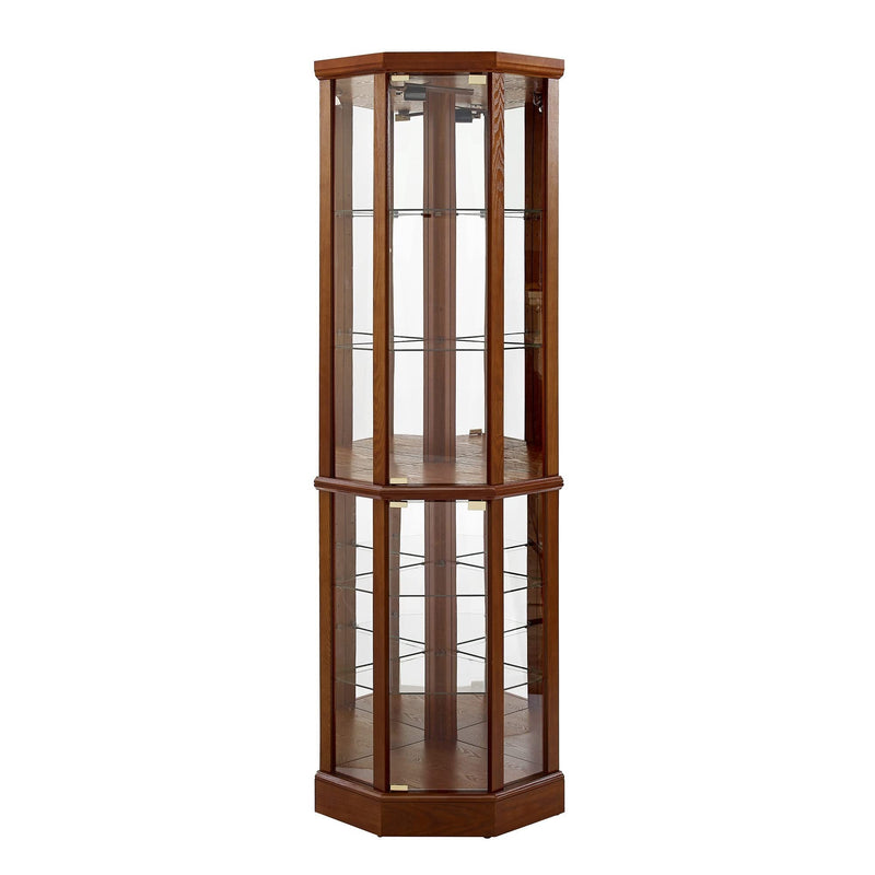 6 Shelf Lighted Corner Curio Cabinet with Adjustable Tempered Glass Shelves and Mirror Back, Walnut