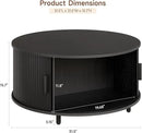 Round Coffee Table with Storage, 31.5" Modern Coffee Table with 360° Curved Sliding Door, Fluted Wood Accent Coffee Table with Adjustable Footpads, Round Center Table for Living Room, Black by CozyNest Decor